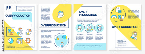 Overproduction blue and yellow brochure layout. Statistical metrics, financial documents. Leaflet advertising design with color line icons. Editable 4 pages. Questrial, Lato-Regular fonts used