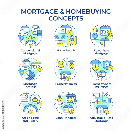Mortgage and homebuying multi color concept icons. Property taxes, homeowners insurance. Loan approval. Icon pack. Vector images. Round shape illustrations for presentation, booklet. Abstract idea