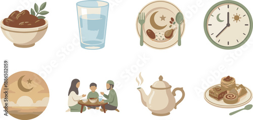 Ramadan Iftar and Suhoor dining icon set featuring dates, water glass, family meal, and prayer time clock - Vector Illustration.