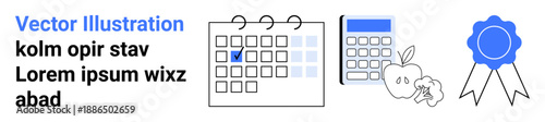 Time management, productivity, goal setting, education, healthy lifestyle, achievement. Minimal calendar, calculator apple and ribbon icon set. Time management and productivity concept