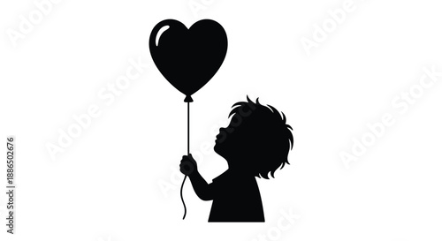 A child's silhouette holding a heart-shaped balloon on transparent background