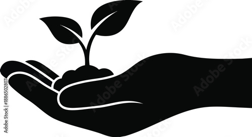 A black silhouette of a hand holding a small plant with two leaves on transparent background
