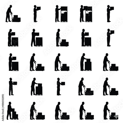 A silhouette of a man moving boxes in various positions on transparent background