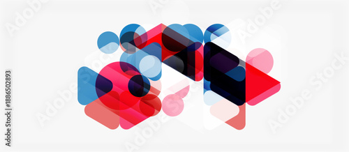 Abstract composition. Overlapping shapes, red, blue hues create dynamic visual experience. Minimalist design, modern aesthetic.