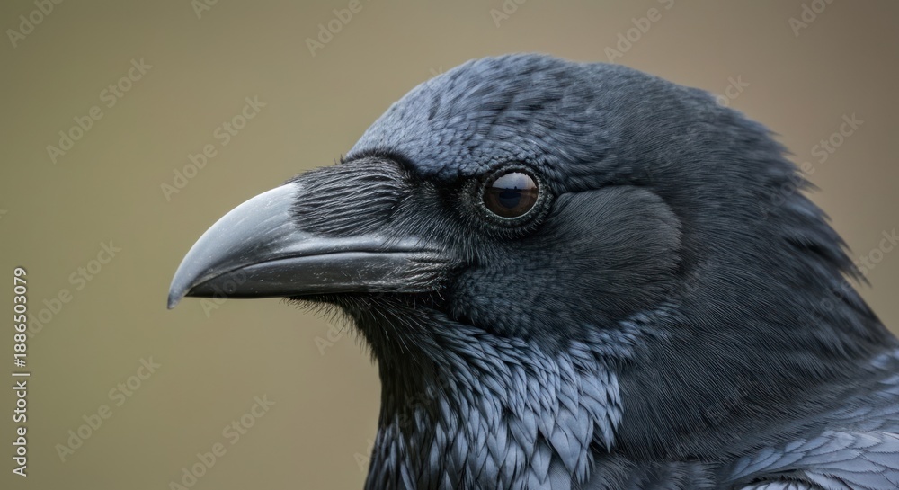 Naklejka premium Close-up of a dark bird's head, showing detail of feathers, beak, and eye