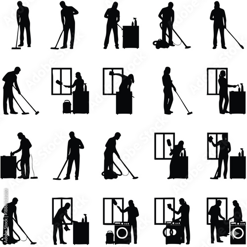 A collection of black silhouette icons depicting various cleaning activities on a transparent background