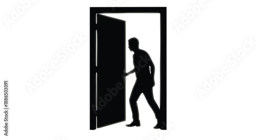 A silhouette of a man walking through an open doorway on transparent background