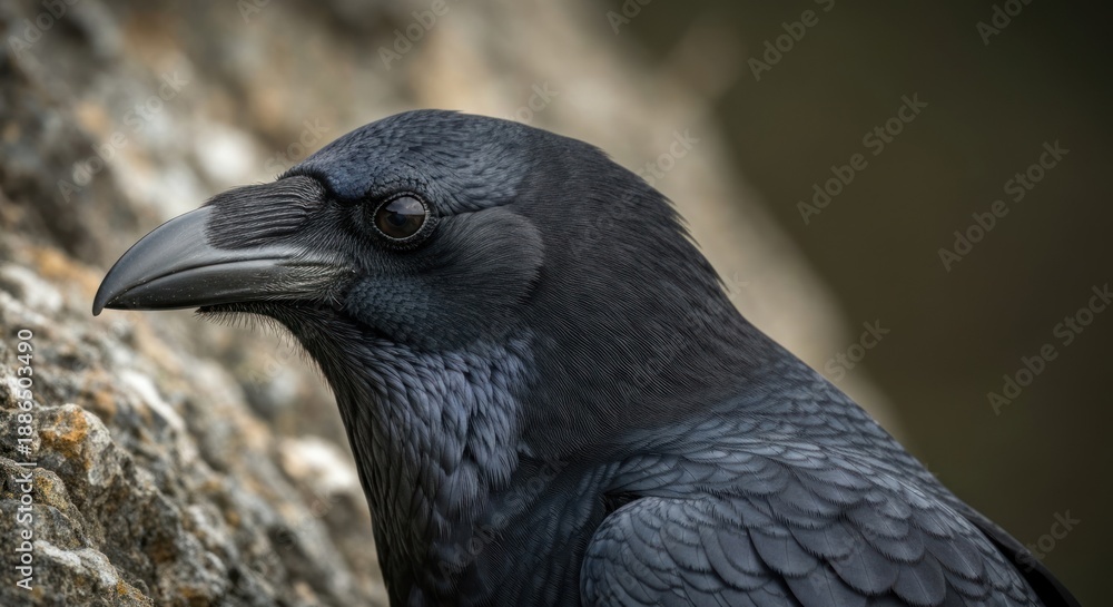 Fototapeta premium Close-up of a dark raven's head and neck with focus on its eye and beak