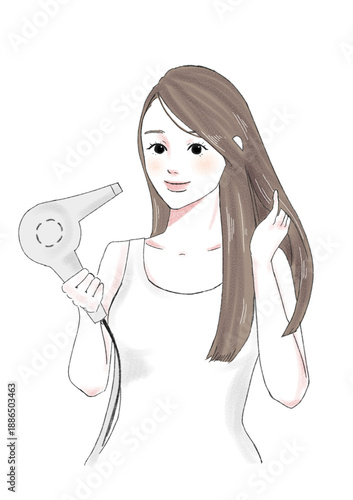 イラスト素材：ドライヤー・ブロー・美髪・ヘアケア・女性