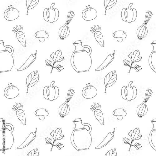 Spices Condiments and Vegetables Seamless Pattern — Minimalist Hand Drawn Line Food Illustration