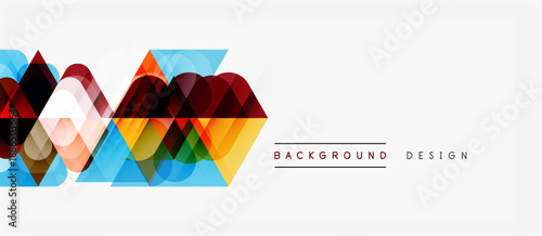 Abstract geometric pattern. Colorful triangles, curves create modern design. White space dominates composition. Simple, elegant.