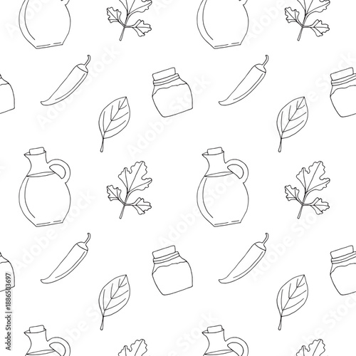Spices and Condiments Seamless Pattern — Minimalist Hand Drawn Line Food Illustration