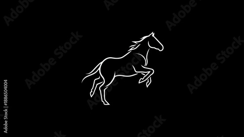 Dynamic white line art horse rearing on black background, powerful equestrian symbol, elegant minimalist animal graphic illustration.