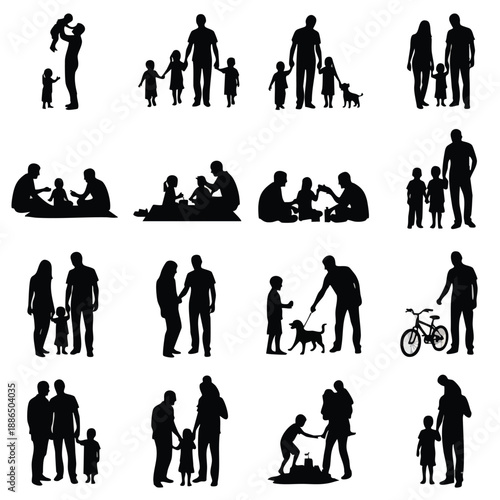 A collection of black silhouettes of people and families on transparent background
