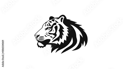 Powerful black and white tiger head in profile, stylized graphic illustration of a wild cat, fierce predator artwork, animal mascot