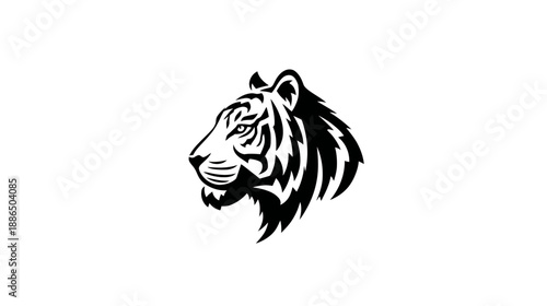 Powerful black and white tiger head in profile vector illustration, majestic wild feline graphic design element.