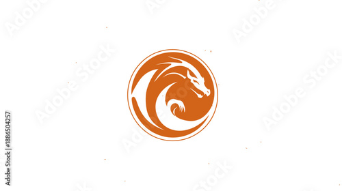 Dynamic orange dragon icon in a circle, mythical beast illustration, fantasy graphic element, power and strength symbol