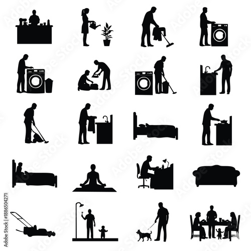 A collection of black silhouette icons depicting various daily household and domestic activities on a transparent background