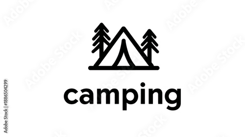 Camping tent icon with pine trees. Simple minimalist graphic symbol for outdoor adventure, travel, and nature leisure activities.