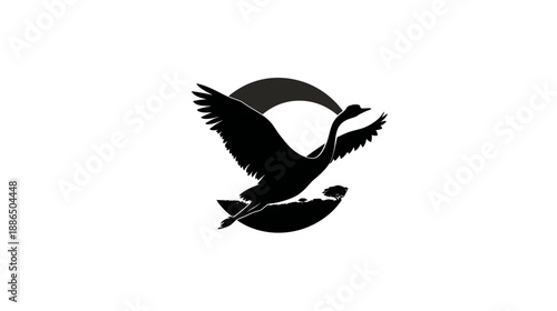 Elegant black silhouette of a swan in flight with outstretched wings, minimalist graphic design illustration on white background