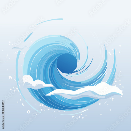 A massive ocean wave illustration showcasing blue hues and white foam from a front viewpoint