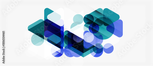 Abstract geometric shapes overlap, creating layered blue tones. Composition feels modern, dynamic, visually interesting.