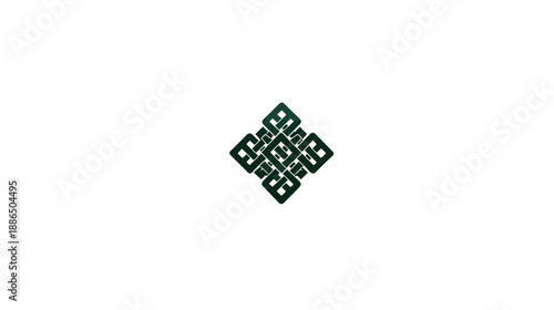 Intricate dark green endless knot symbol on a clean white background, representing eternity, interconnectedness, and spiritual harmony