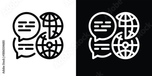 Global communication icons speech bubbles and world globe illustrations in black and white