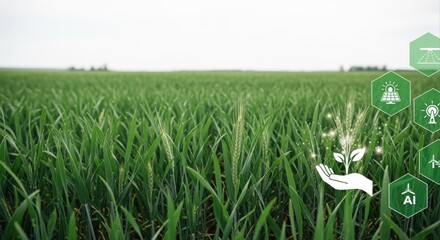 Sustainable Agriculture Concept with Lush Green Field and Innovative Technology Icons Overlayed for Environmentally Conscious Farming