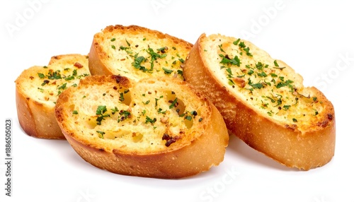 Four golden garlic bread slices, topped with parsley, isolated on a white backdrop