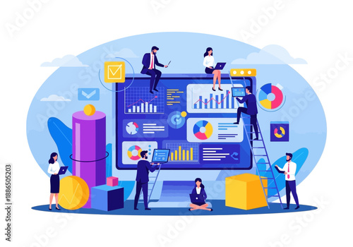 Business people analyzing data on a large computer screen with graphs and charts in a colorful office setting