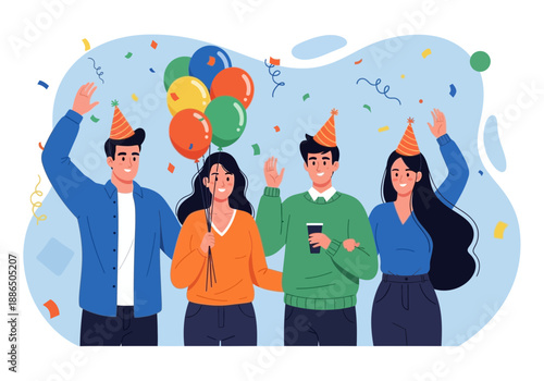 Happy young people celebrating a special occasion with balloons and confetti