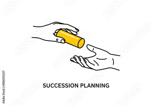 Business concept of passing a cylinder object from one hand to another for succession planning