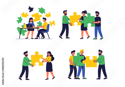 A diverse group of people working together to assemble puzzle pieces in a collaborative team effort