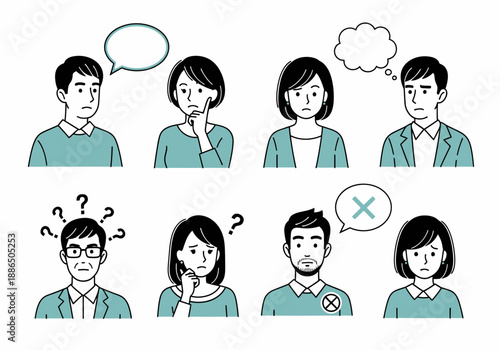 A set of eight cartoon people with various expressions and speech bubbles