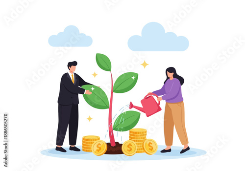 Business people nurturing a growing plant with coins and money for investment and finance concept