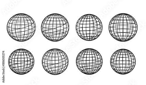Striped globe grid sphere vector symbols with latitude and longitude lines isolated on white