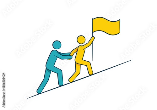 Two stick figures helping each other climb a slope with a flag