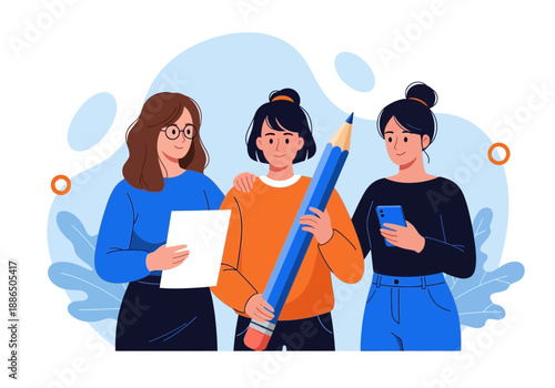 Three women standing together holding a large pencil and paper smiling