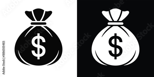 Simple black and white illustration of a bag of money with a dollar sign