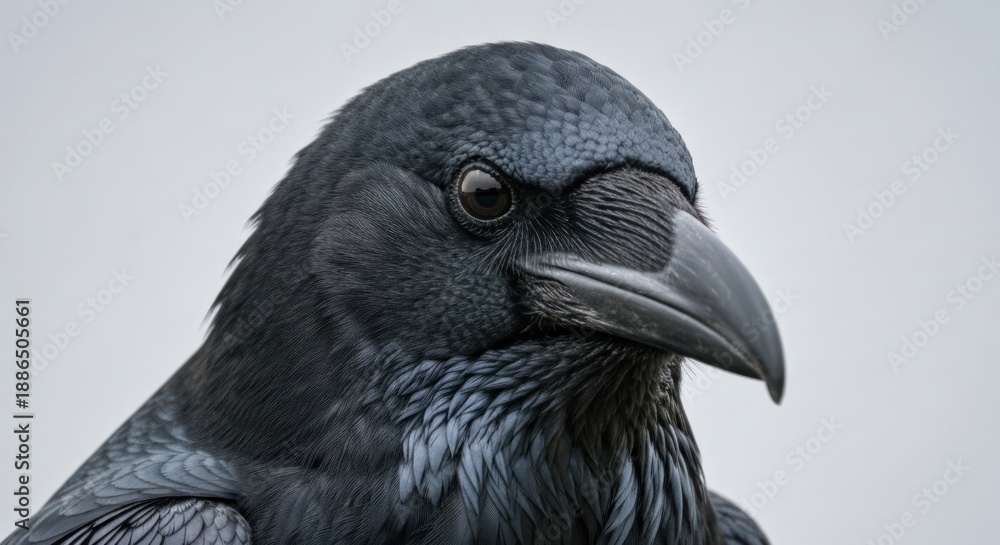Fototapeta premium Close-up of a raven's head; dark feathers, sharp beak, intense gaze, against a pale sky