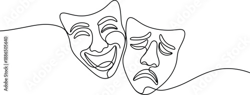 Continuous line art of comedy and tragedy theater masks symbolizing duality of emotion