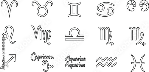 Collection of twelve black outline zodiac symbols and corresponding astrological signs icons