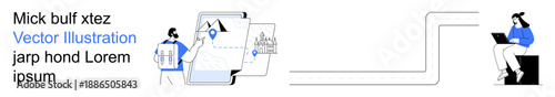 Remote work, teamwork, digital tools, location mapping, connectivity, online collaboration. People interacting with maps and using devices. Remote work and teamwork concepts