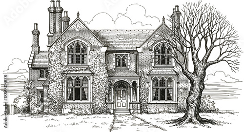 Vintage gothic revival brick house with bare tree and ivy drawing