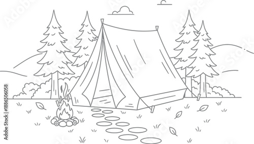 Simple black and white line art drawing of a tent and campfire in woods