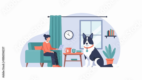 Person working on laptop with dog sitting in cozy room