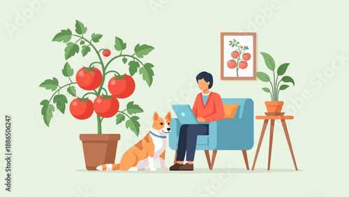 Person working on laptop with dog, potted plant, and tomato plant