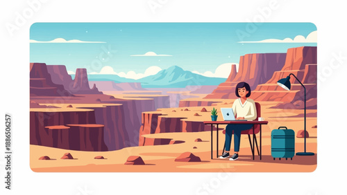 Person working remotely in a scenic canyon landscape with laptop and suitcase