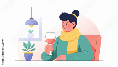 Person with a drink in a cozy interior with plants and a lamp